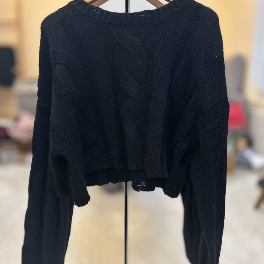 Black Cropped Knit Sweater with Ripped Detail and Cable Knits from Forever 21